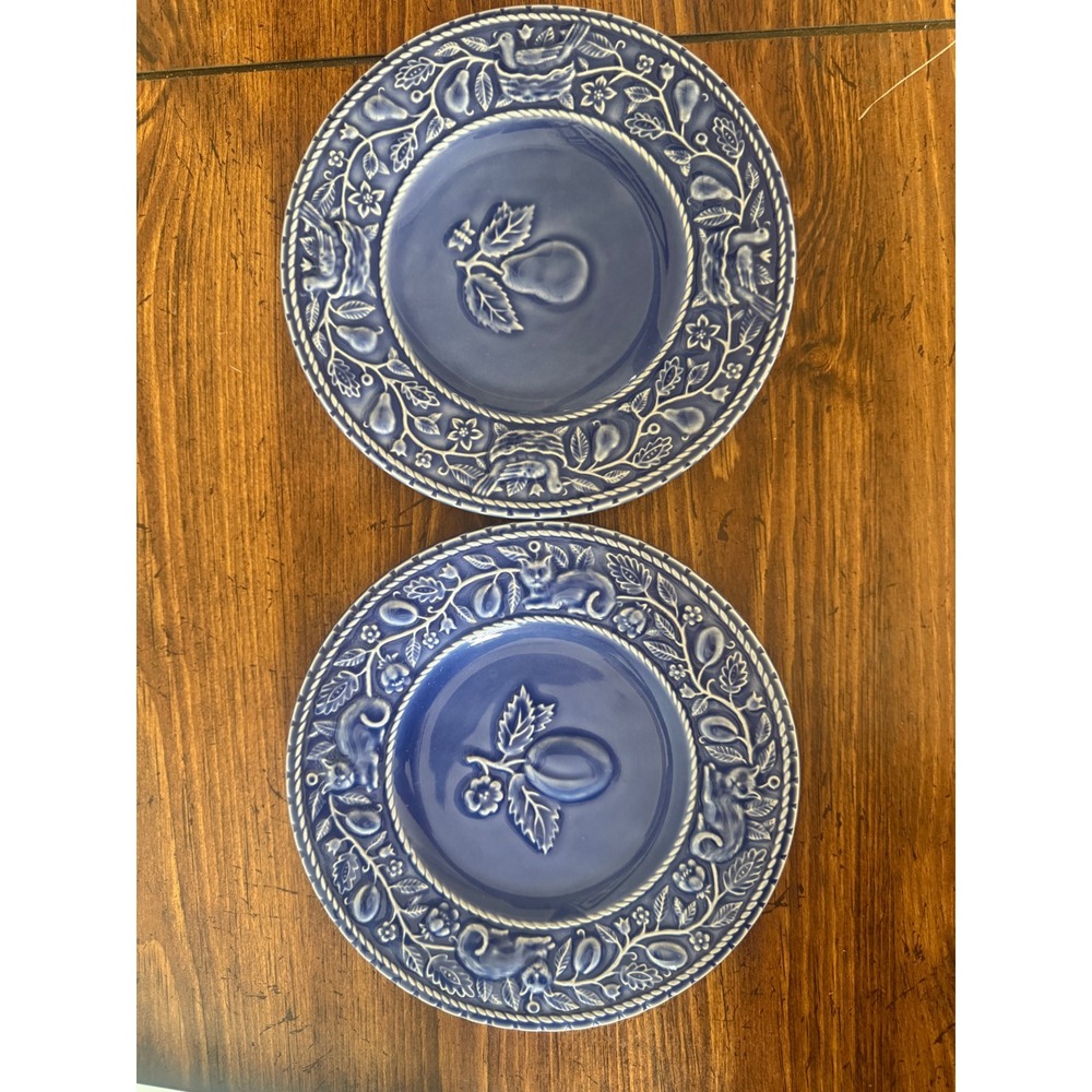 Jay Willfred Andrea by Sadek Blue Embossed Fruit Bird Plates Portugal Set of 2